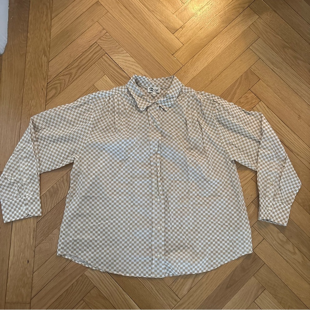 THE GREAT. white and tan checkered button down shirt